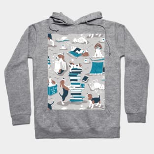 Life is better with books a hot drink and a friend // pattern // grey background brown white and blue beagles and cats and turquoise cozy details Hoodie